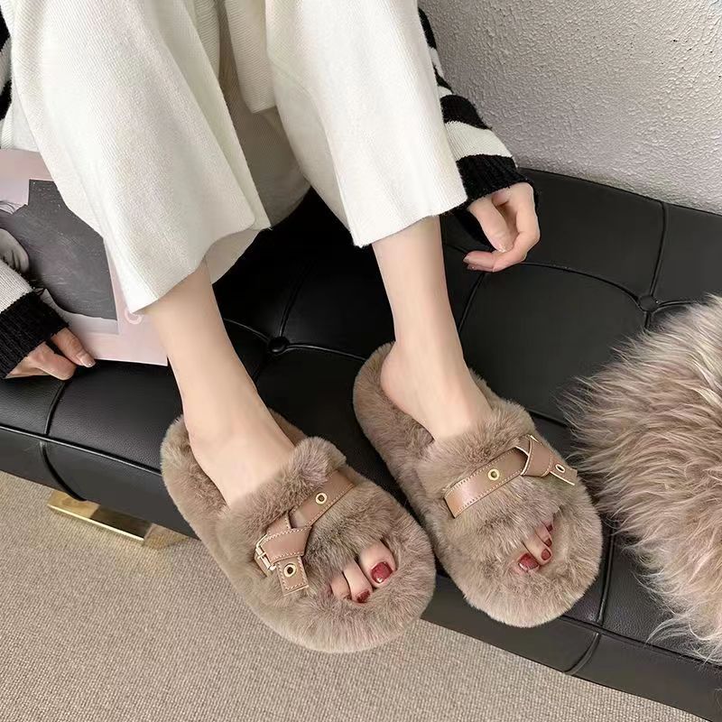 Fluffy Open Toe Slippers for Women with Faux Leather Ring