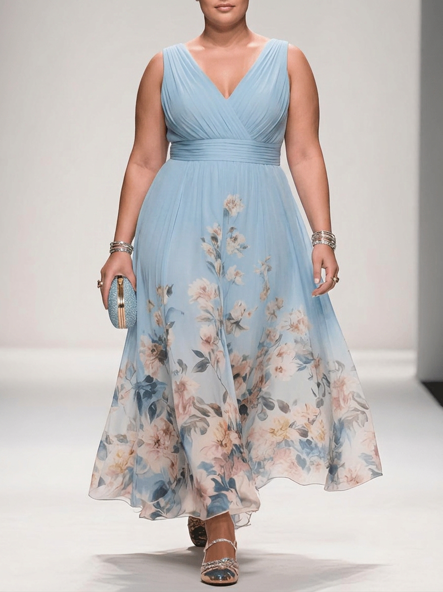 Salma | Light Blue Floral Chiffon V-Neck Maxi Dress