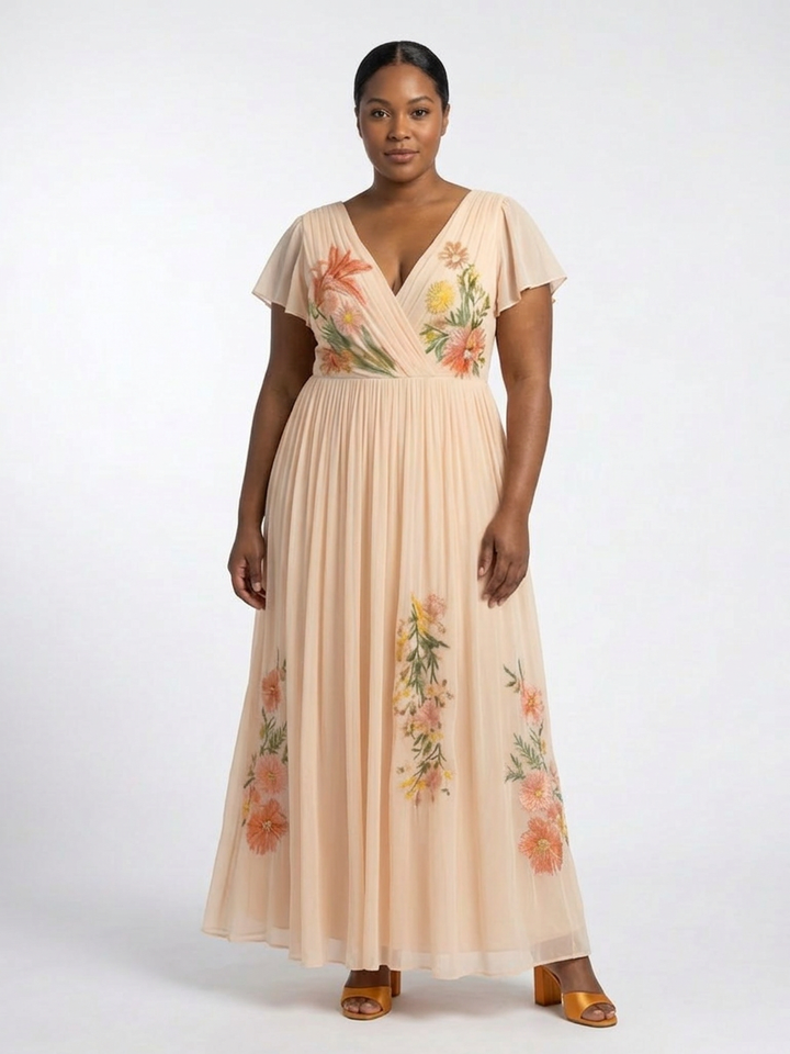 Cerys | V Neck Short Sleeve Pleated Floral Maxi Dress