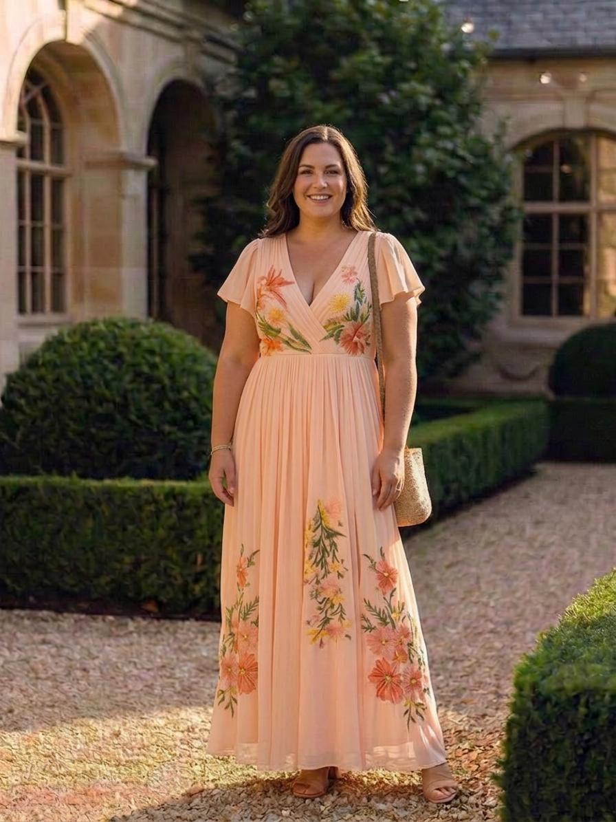 Cerys | V Neck Short Sleeve Pleated Floral Maxi Dress