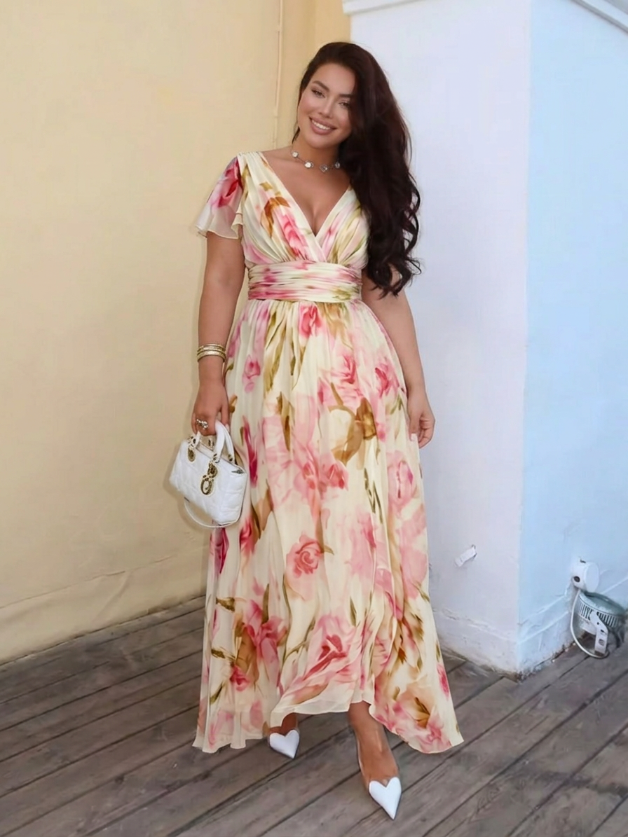 Leona | V Neck Short Sleeve Floral Maxi Dress