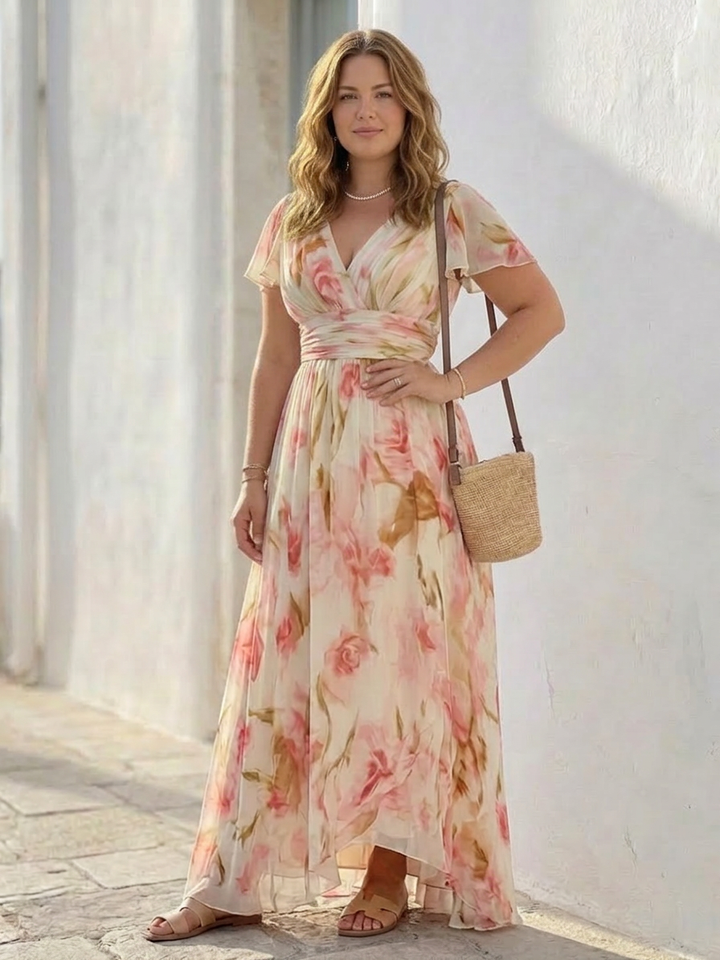 Leona | V Neck Short Sleeve Floral Maxi Dress