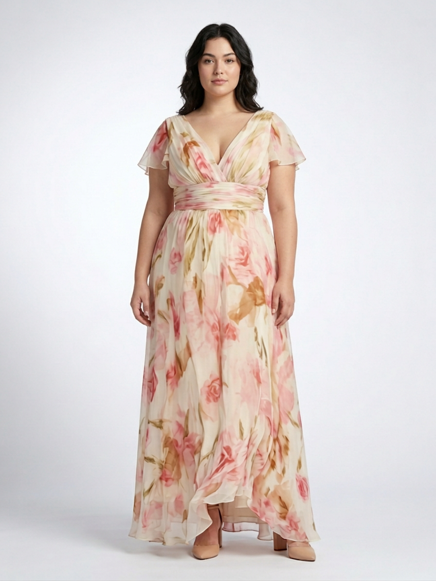 Leona | V Neck Short Sleeve Floral Maxi Dress