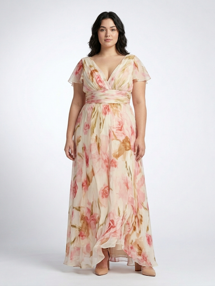 Leona | V Neck Short Sleeve Floral Maxi Dress