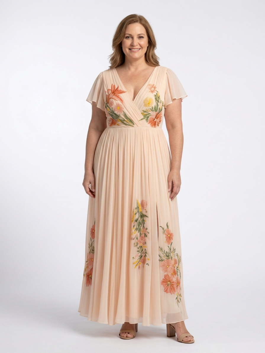 Cerys | V Neck Short Sleeve Pleated Floral Maxi Dress