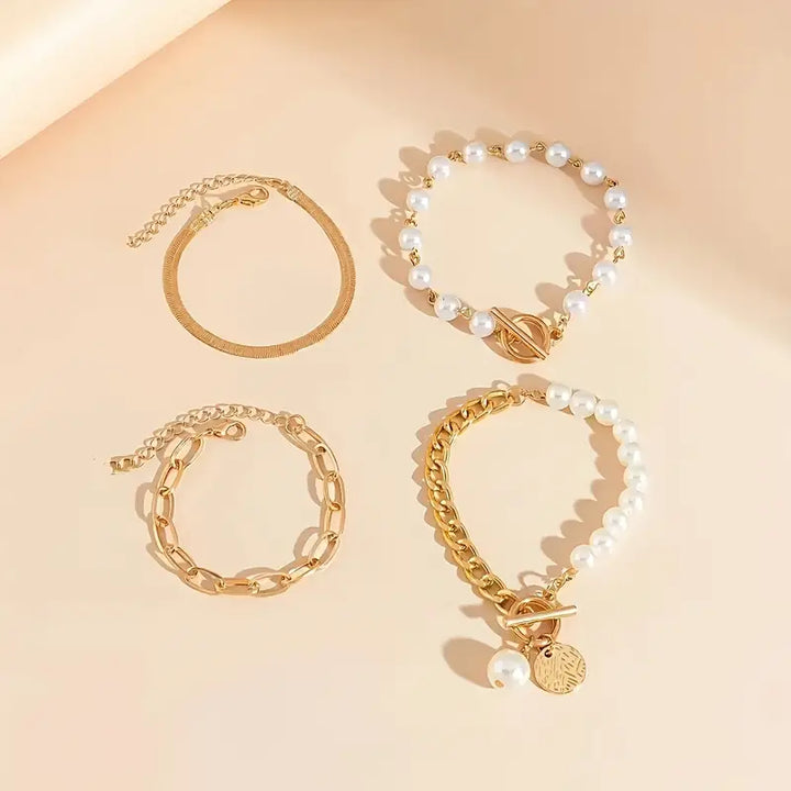 Fauna Gold 4-Piece Bracelet Set - Snake, Pearls &amp; Links | Gold