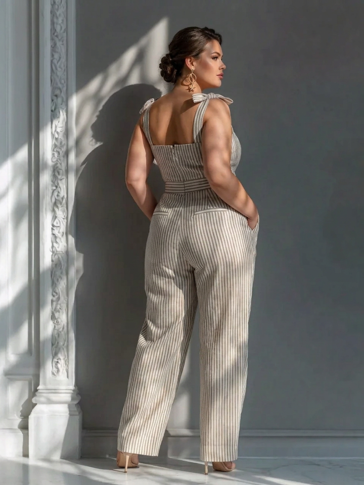 Gwendolyn - Beige Stripe Linen-Blend Tie-Shoulder Jumpsuit