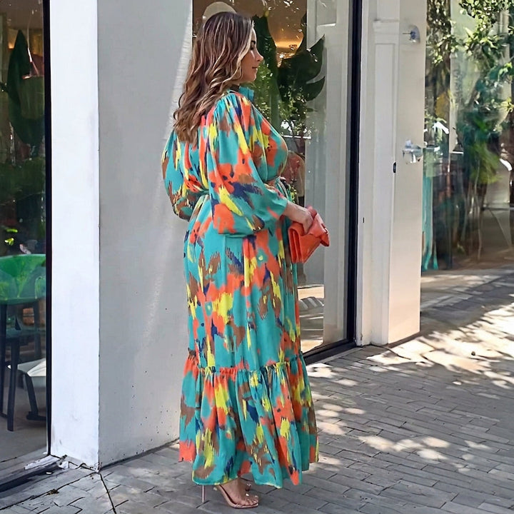 Jolie Printing Lapel Maxi Dress: Elegant Vintage Flow