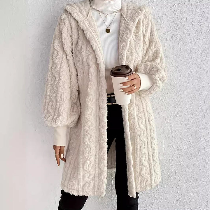 Hooded Teddy Coat for Women, Double-Sided Plush Long Cardigan