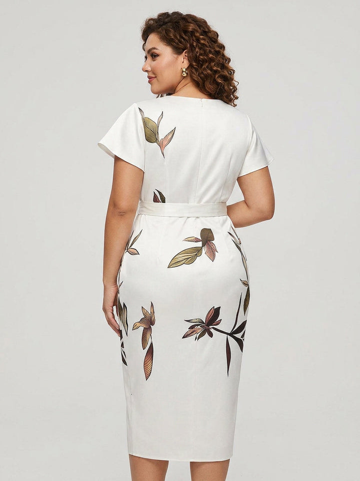 Rosa | White Leaf Short Sleeve Satin Midi Dress