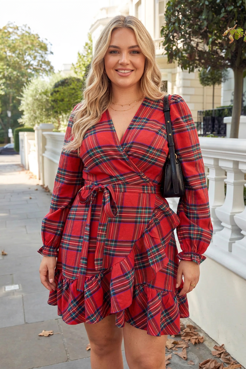 Leona - Red Plaid Wrap Mini Dress