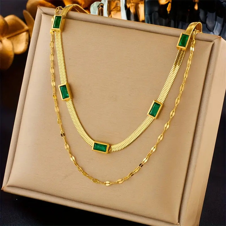 Carys Gem Double-Layer Retro Necklace | Gold