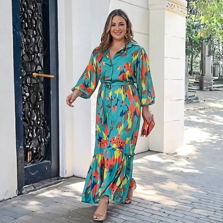 Jolie Printing Lapel Maxi Dress: Elegant Vintage Flow