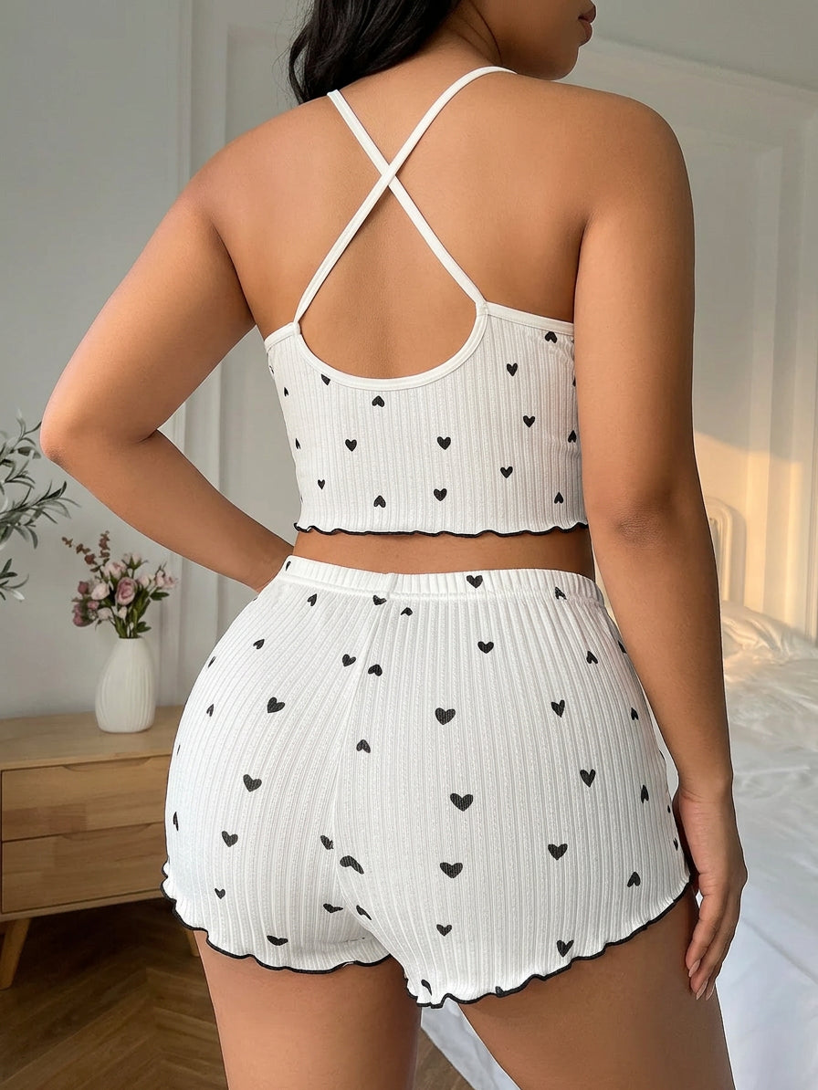 Yara | Heart Print Ruffle Trim Pajama Set
