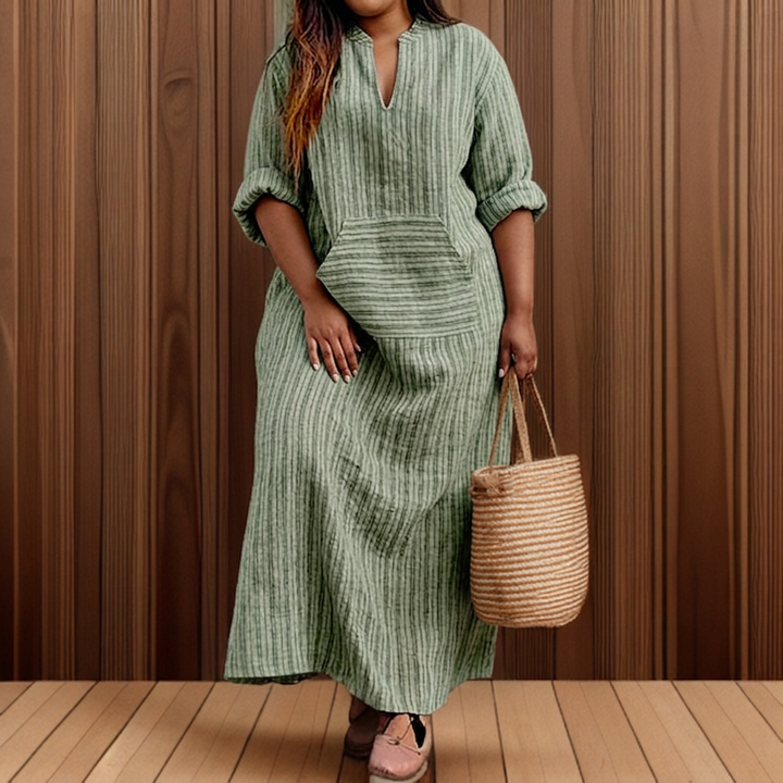 Hailey┃Casual long dress with vintage stripes and V-neck