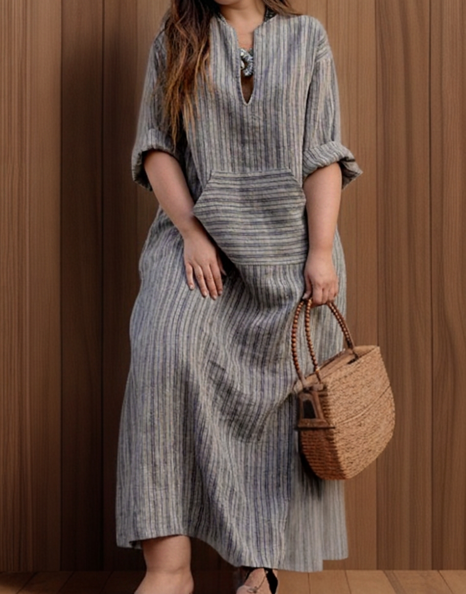 Hailey┃Casual long dress with vintage stripes and V-neck