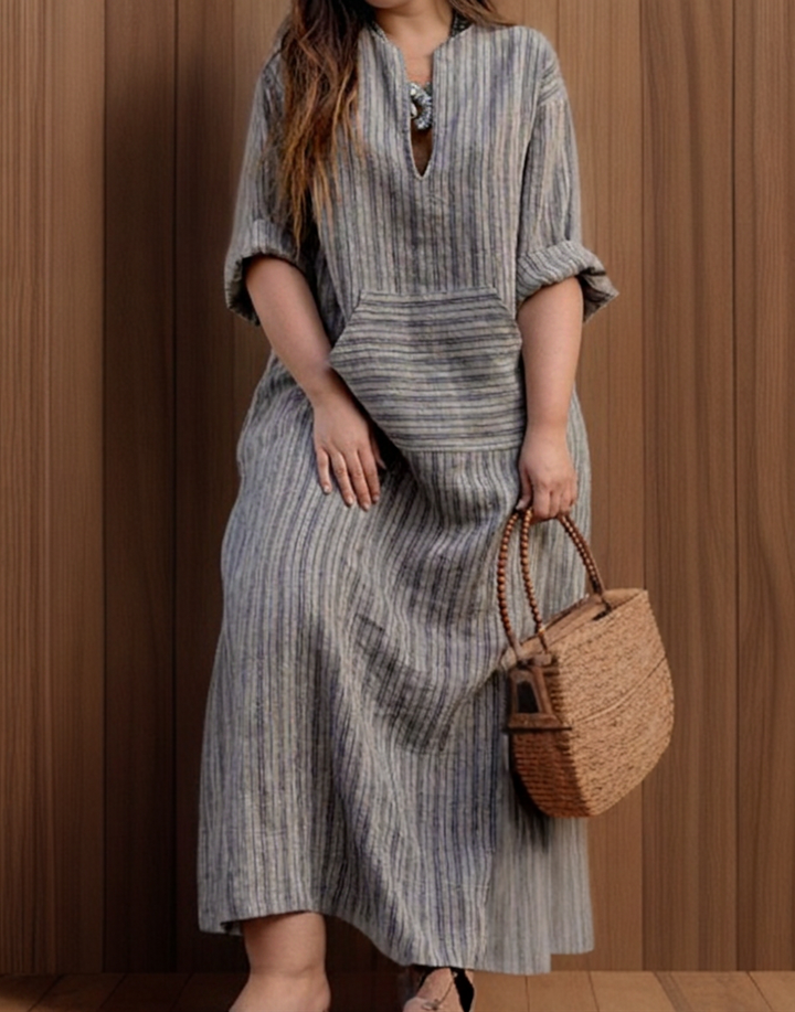Hailey┃Casual long dress with vintage stripes and V-neck