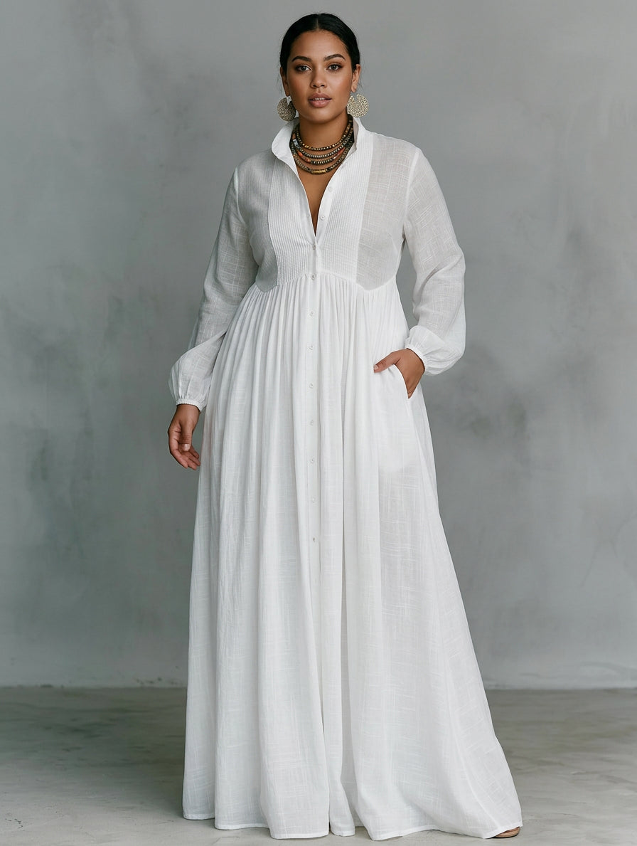 Sunniva | White Flowing Button-Front Maxi Dress