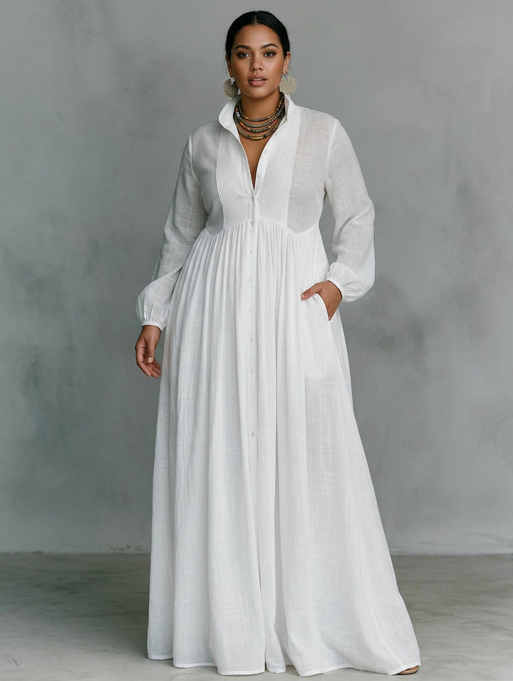 Sunniva | White Flowing Button-Front Maxi Dress
