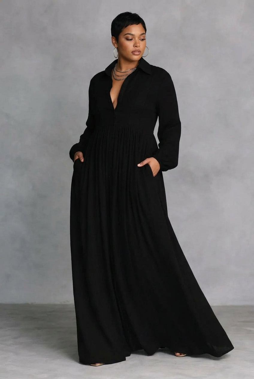 Hedda | Black Flowing Button-Front Maxi Dress
