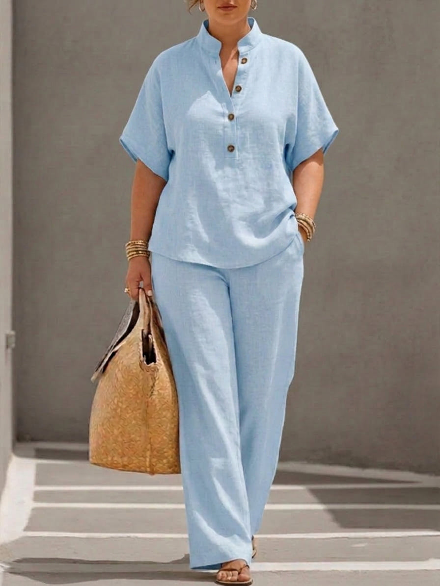 Wanda | Co-ord Set Two-Piece Linen-Effect With Batwing Sleeves &amp; Pants Flowing