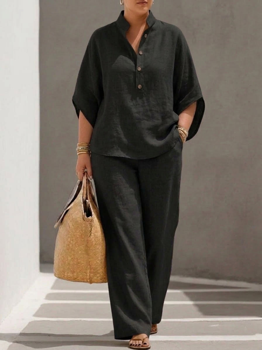 Wanda | Co-ord Set Two-Piece Linen-Effect With Batwing Sleeves &amp; Pants Flowing