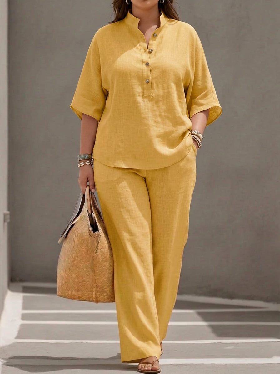 Wanda | Co-ord Set Two-Piece Linen-Effect With Batwing Sleeves &amp; Pants Flowing