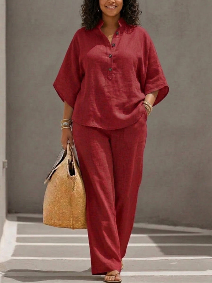 Wanda | Co-ord Set Two-Piece Linen-Effect With Batwing Sleeves &amp; Pants Flowing