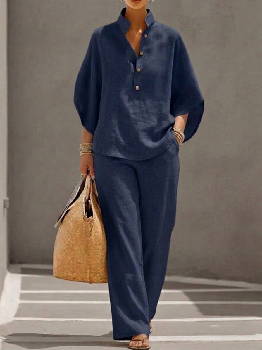 Wanda | Co-ord Set Two-Piece Linen-Effect With Batwing Sleeves &amp; Pants Flowing