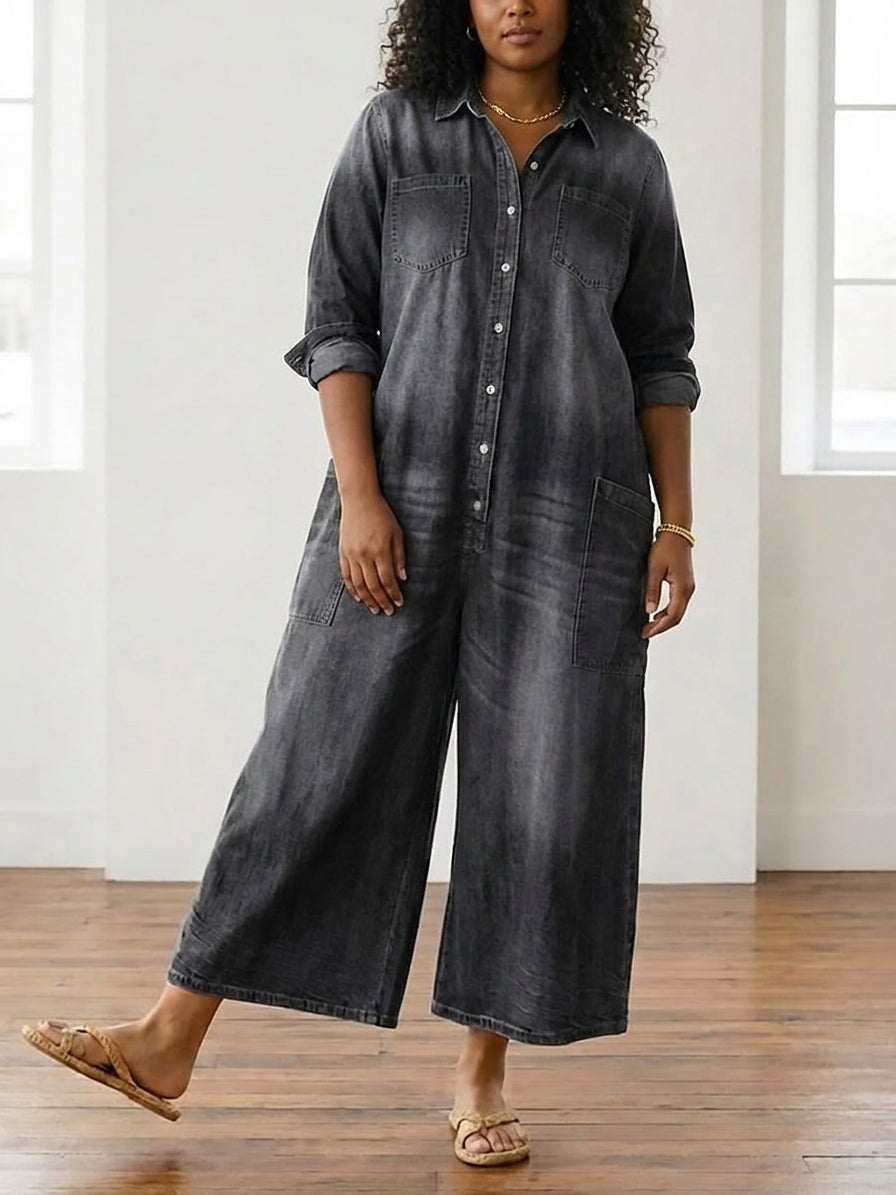 Pearl | Vintage Washed Soft Cotton Denim Jumpsuit with Button Closure
