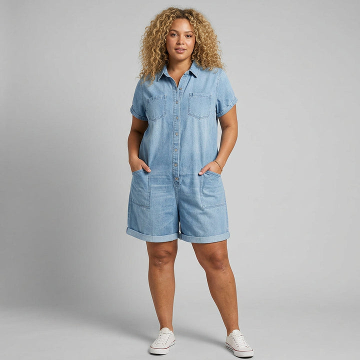 Katya | Vintage Short Cotton Denim-Look Overalls