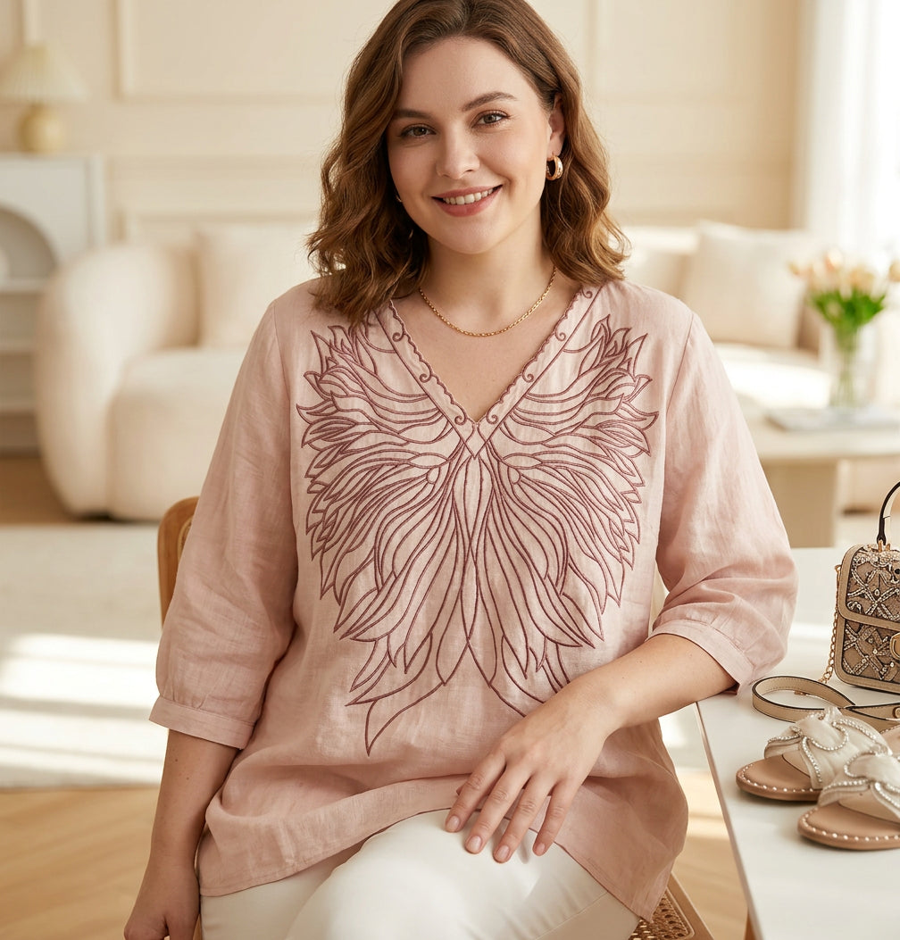Alba - Stylish Pure Cotton V-Neck Embellished Embroidered Top