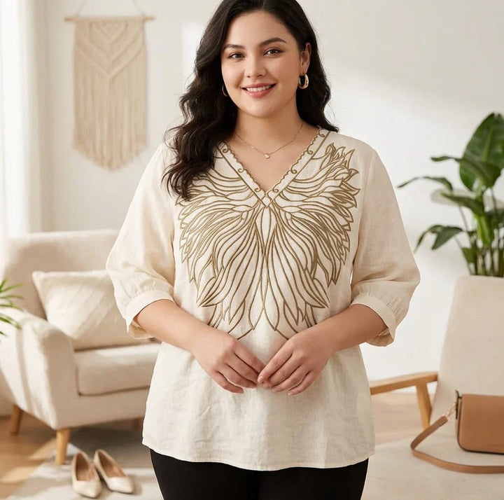 Alba - Stylish Pure Cotton V-Neck Embellished Embroidered Top
