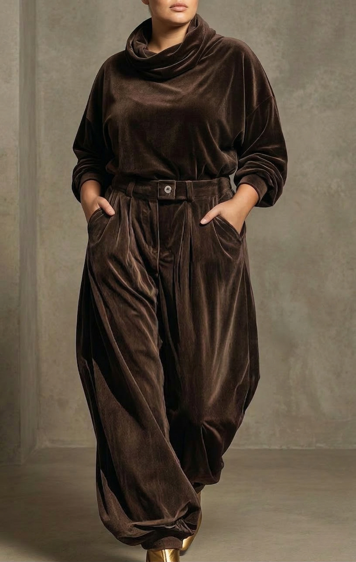 Vintage brown velvet hoodie and loose pants set (Includes belt)
