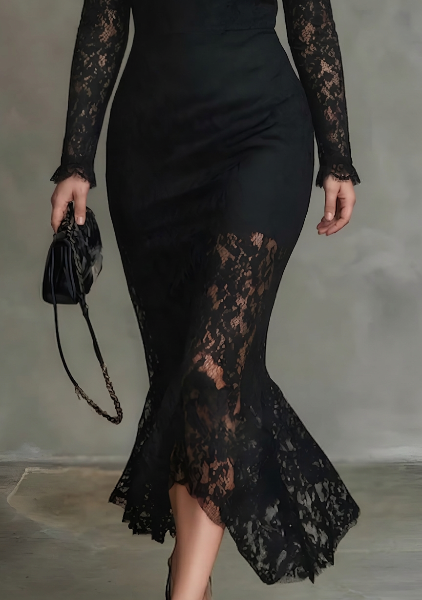 Elegant Black Stretchy Lace Fishtail Maxi Dress