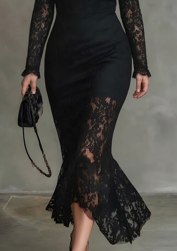 Elegant Black Stretchy Lace Fishtail Maxi Dress