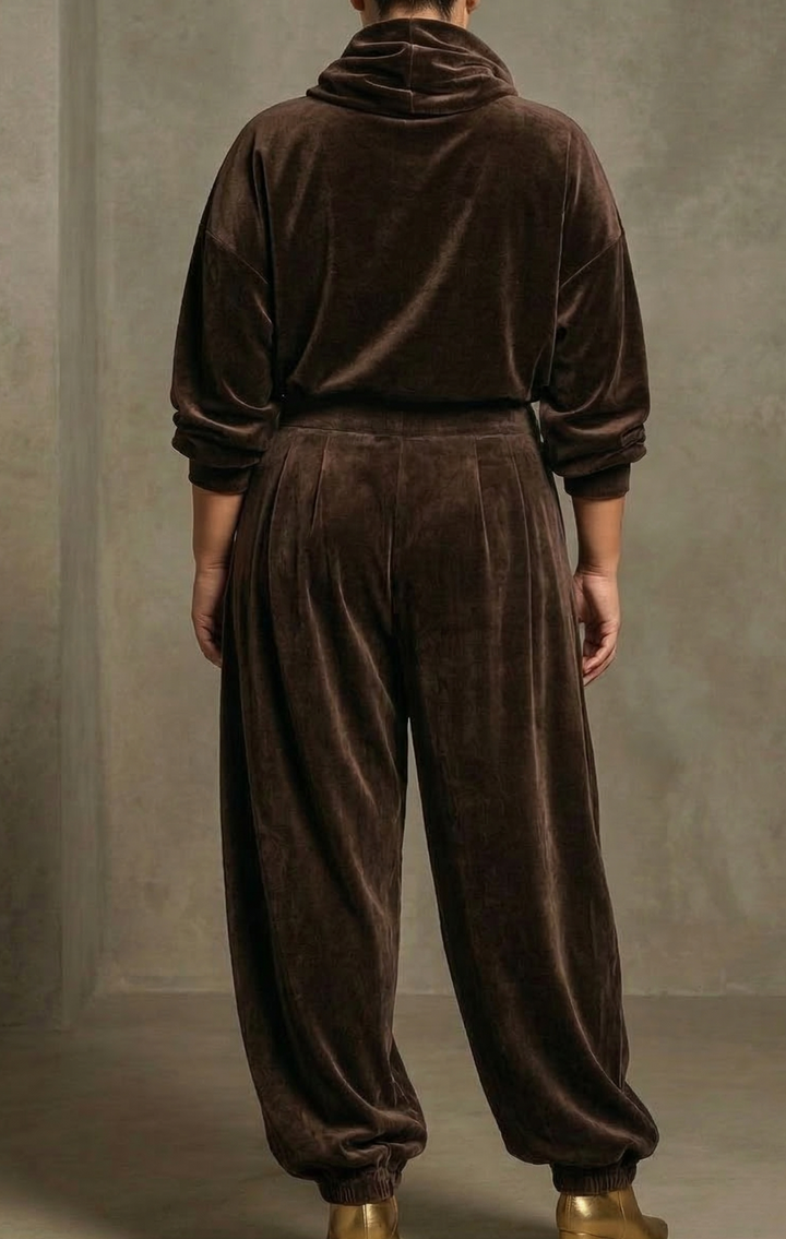 Vintage brown velvet hoodie and loose pants set (Includes belt)