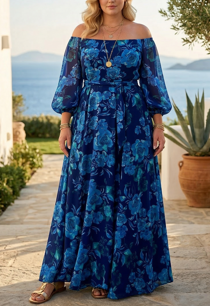 Aisha - Long dress with floral print and off-the-shoulder sleeves