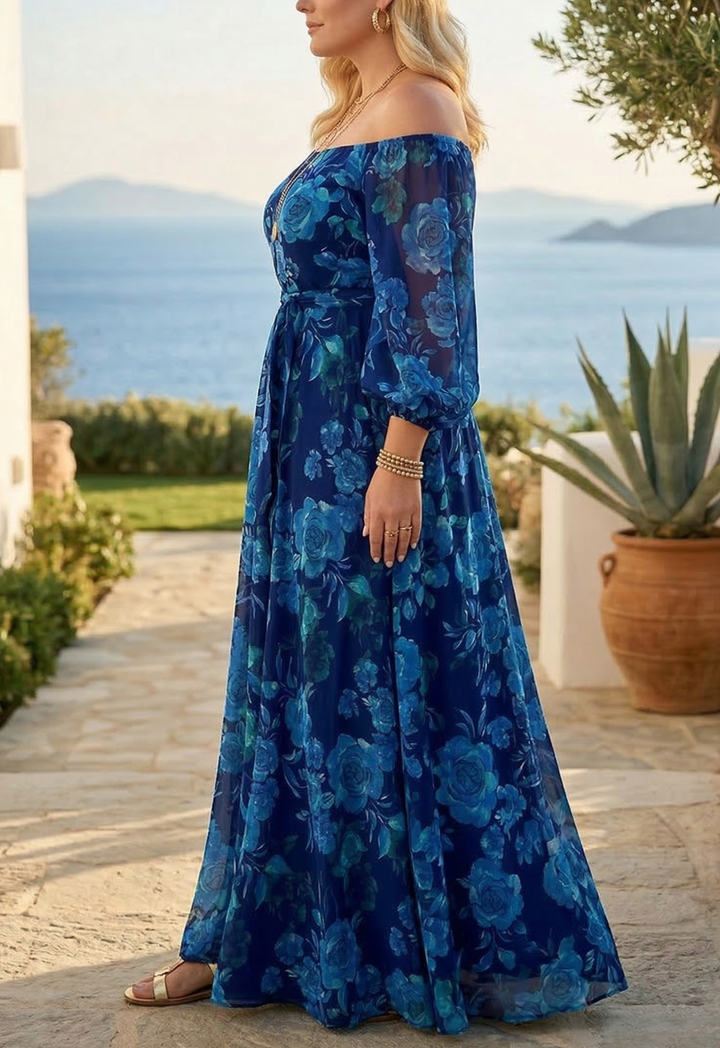 Colette - Long dress with Floral pattern and off-the-shoulder sleeves