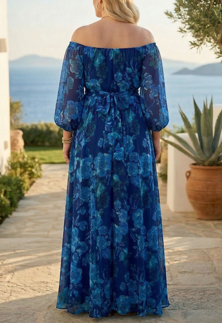 Colette - Long dress with Floral pattern and off-the-shoulder sleeves