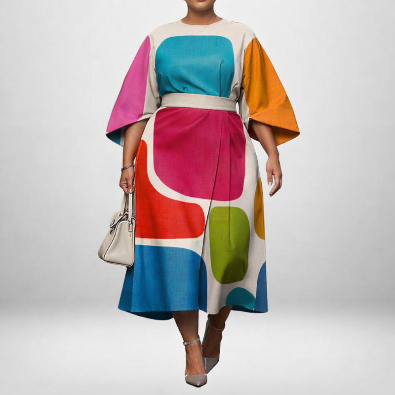 NELL | Abstract Colorblock Midi with Sculpted Waist and Flowing Elegance