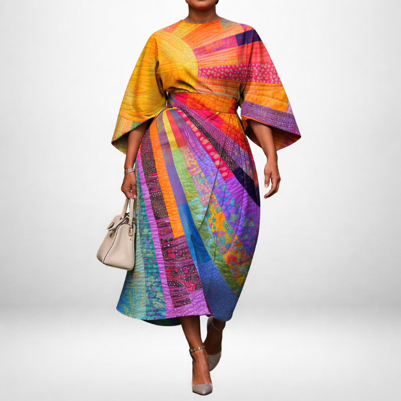 EVADNE | Patchwork Midi with Sculpted Waist and Statement Sleeves