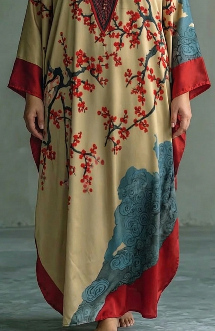 Nadia | Japanese Red Plum Blossom Maxi Dress with Batwing Sleeves and Print