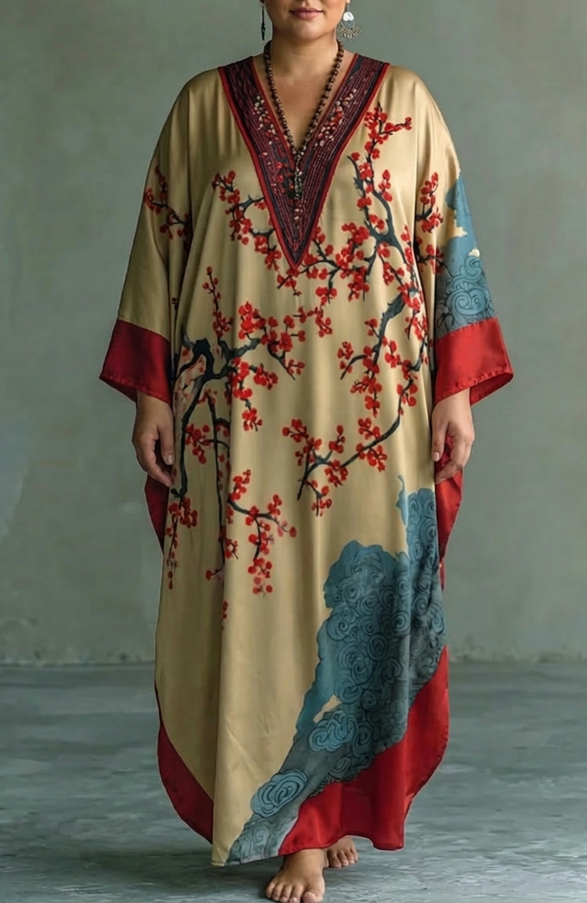Nadia | Japanese Red Plum Blossom Maxi Dress with Batwing Sleeves and Print