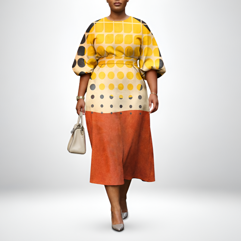 TINDRA | Polka Grid Midi with Sculpted Waist and Radiant Flow