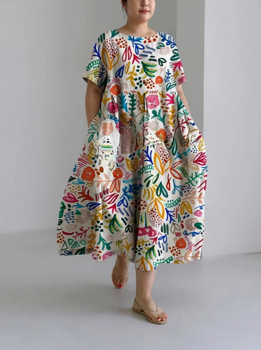 Solveig | Leisure Summer Flory Print Loose Round Neck Medium Length Skirt Dress