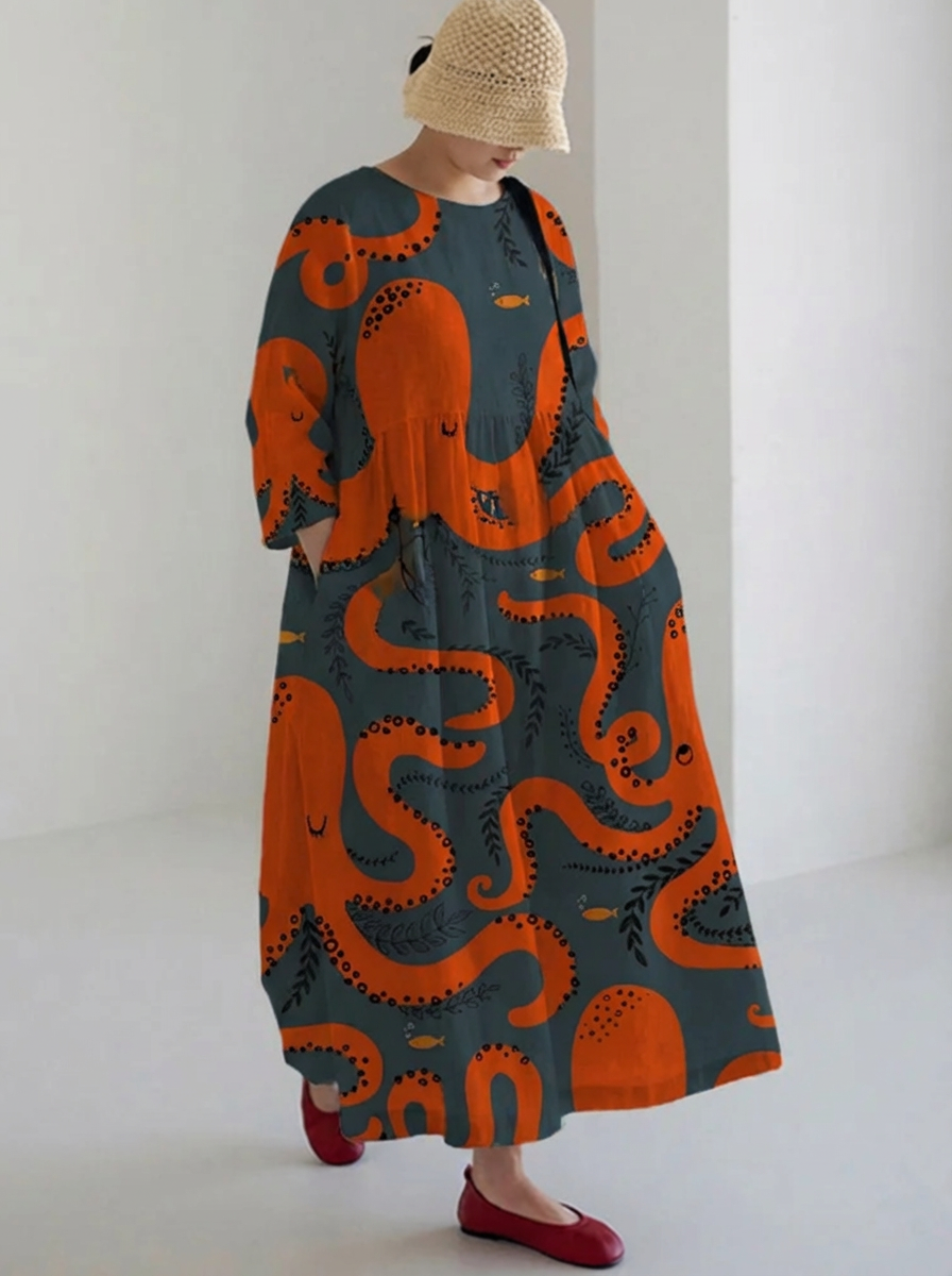 Beatrice | Art Retro Leaves Print Loose Round Neck Medium Length Skirt Dress