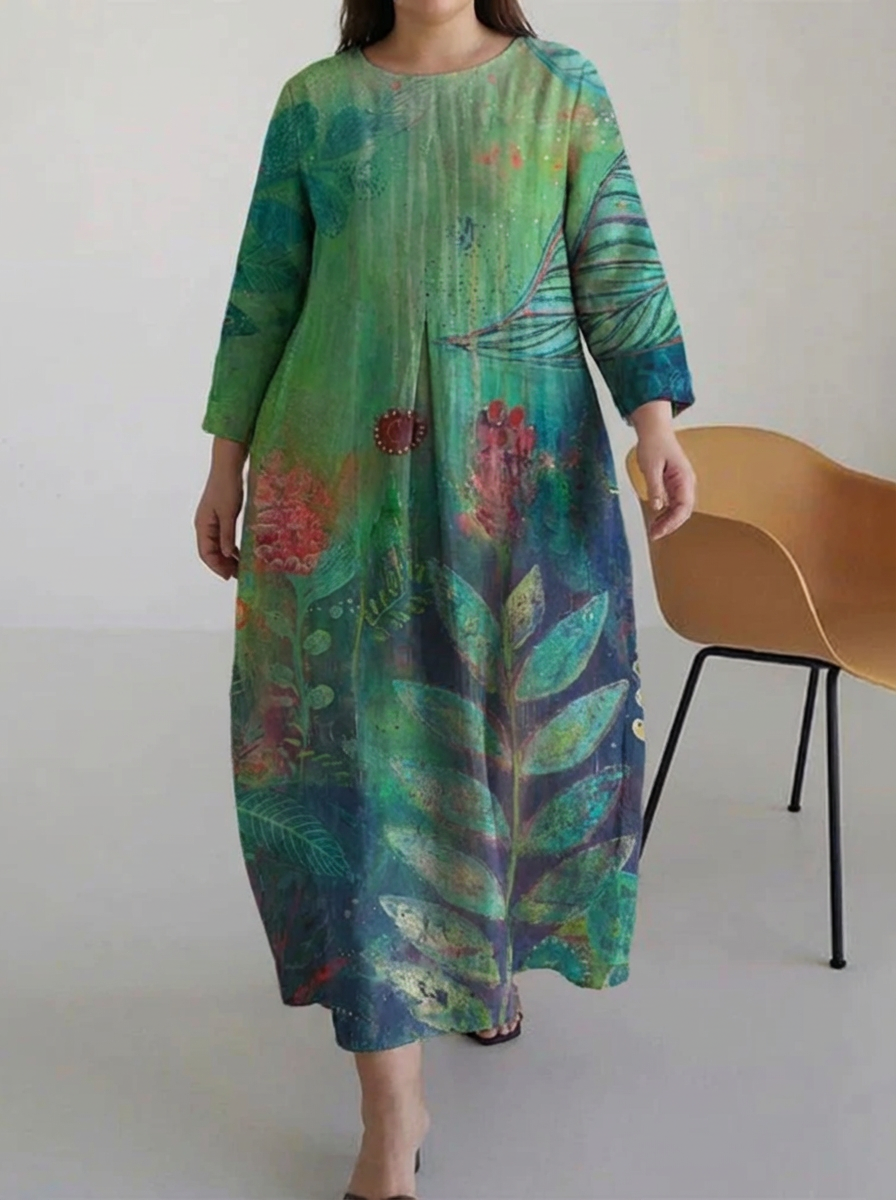 Lark | Casual Multi Leaves Print Long Sleeve Midi Dress